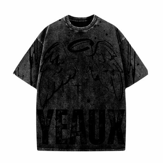 YEAUX ANGELS acid wash oversized tee - black on black